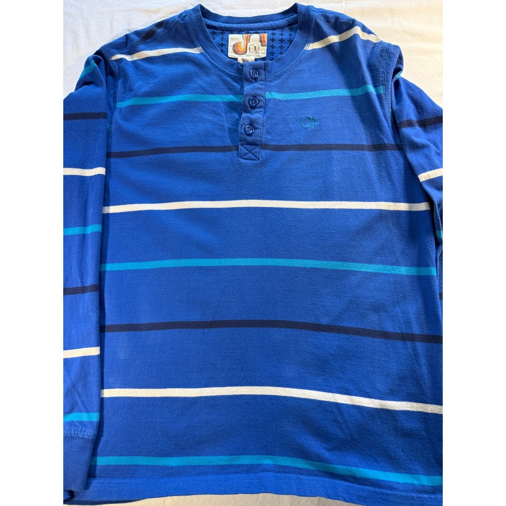 Ocean Pacific Mens Blue Striped Long Sleeve Henley Shirt Large OP Surf Classic